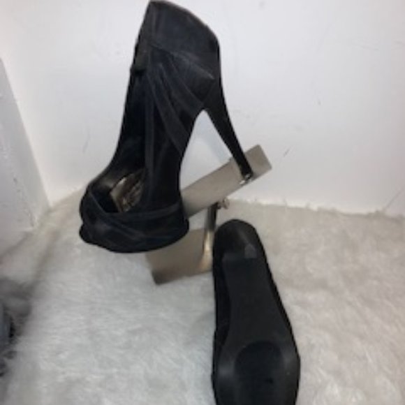 Black Suede and Satin Stiletto Peep Toe - Picture 4 of 5